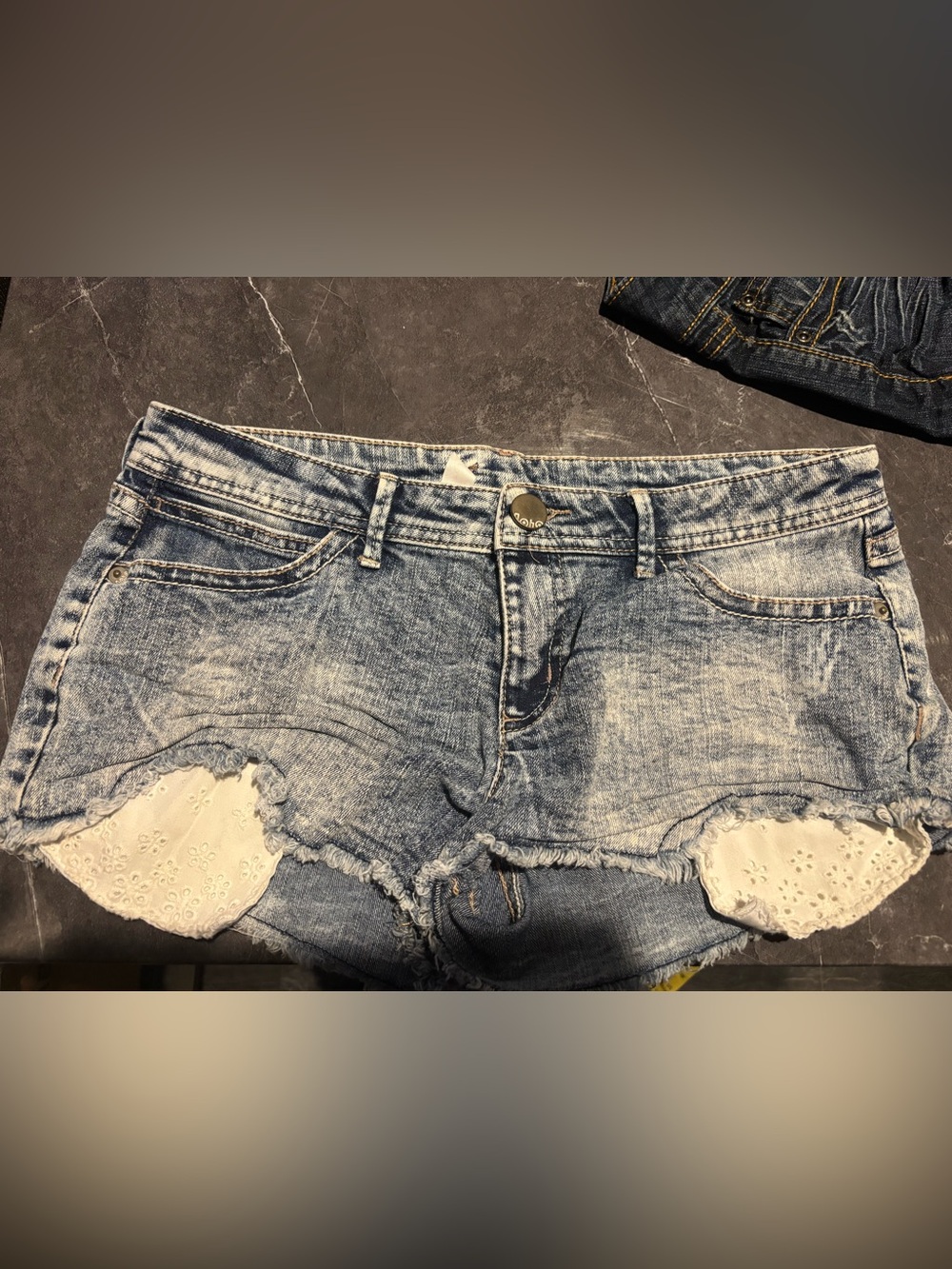 No Boundaries Light Blue Distressed Denim Shorts with White Lace Panels